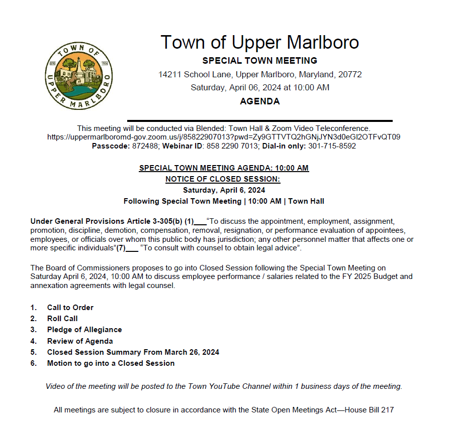 Special Town Meeting Agenda